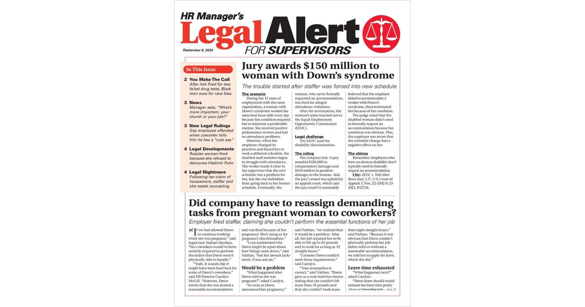 HR Manager's Legal Alert for Supervisors Newsletter: September 6 Edition