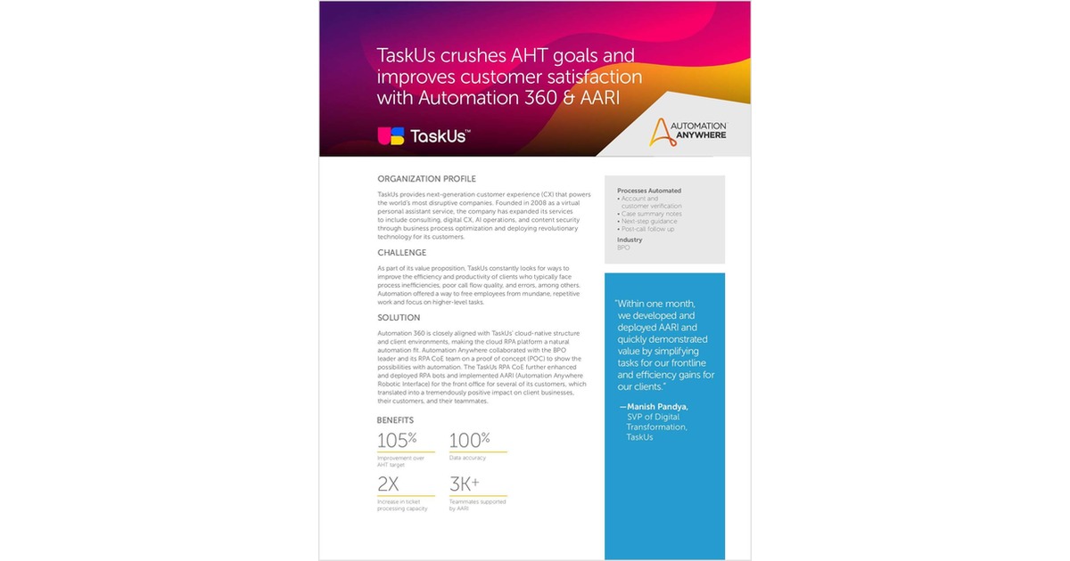 Using Automation 360 and AARI, TaskUs crushes AHT goals and improves customer satisfaction