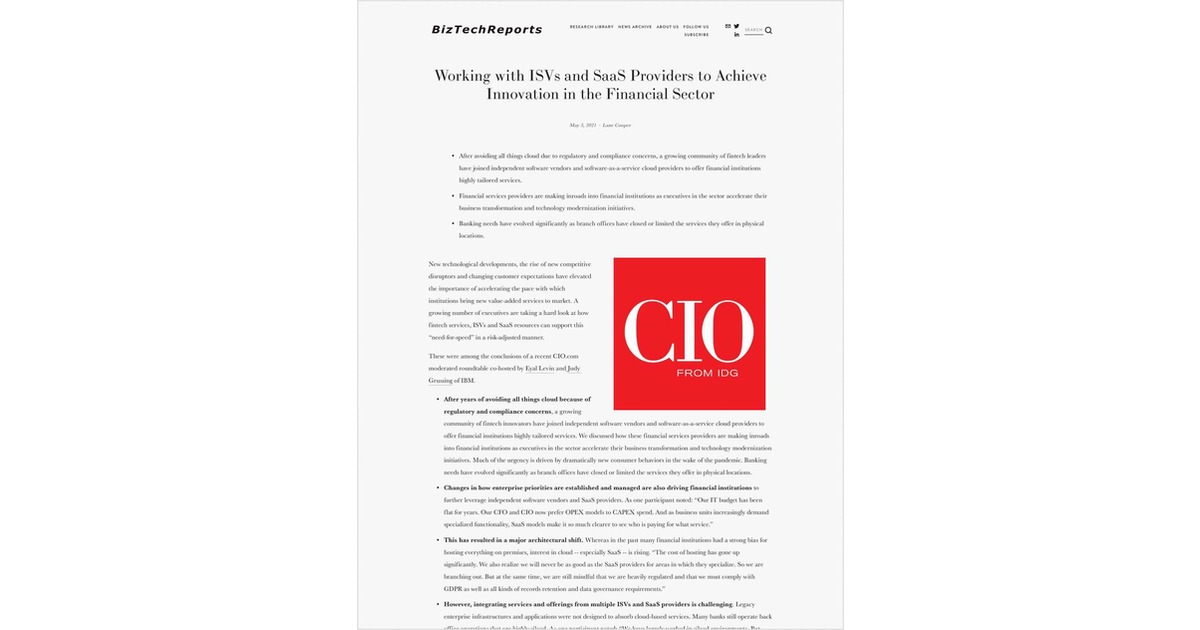 Working with ISVs and SaaS Providers to Achieve Innovation in the Financial Sector