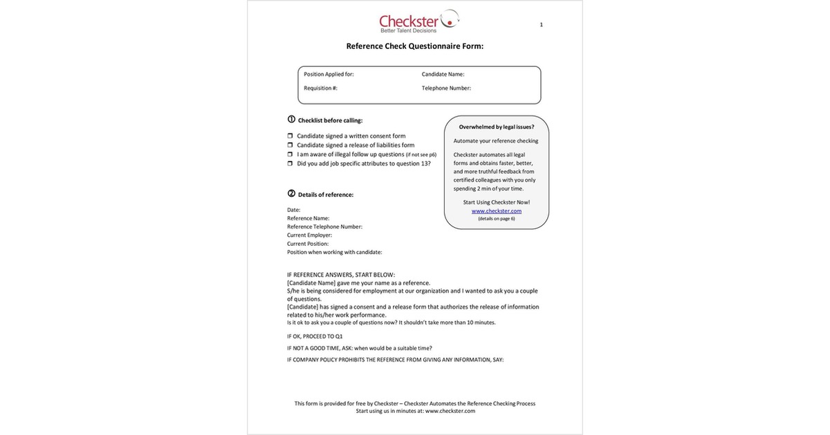 Reference Check Form for Recruiters