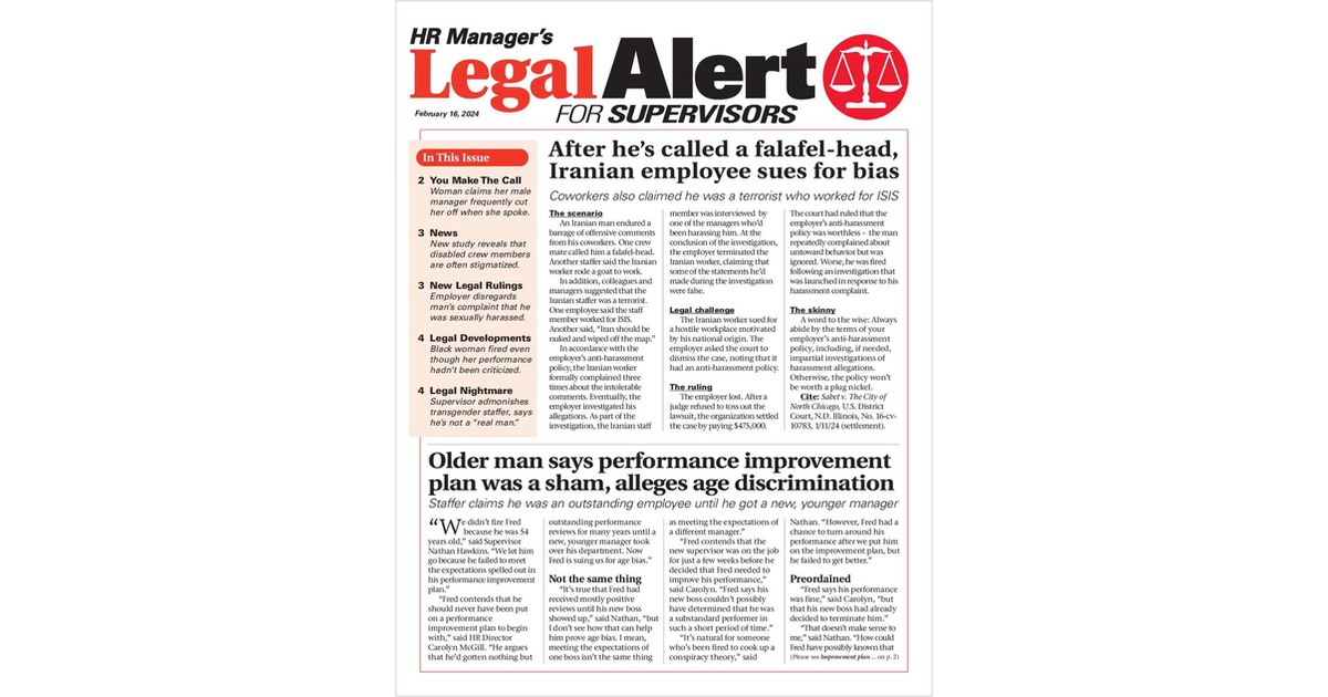 HR Manager's Legal Alert for Supervisors Newsletter: February 16 Edition